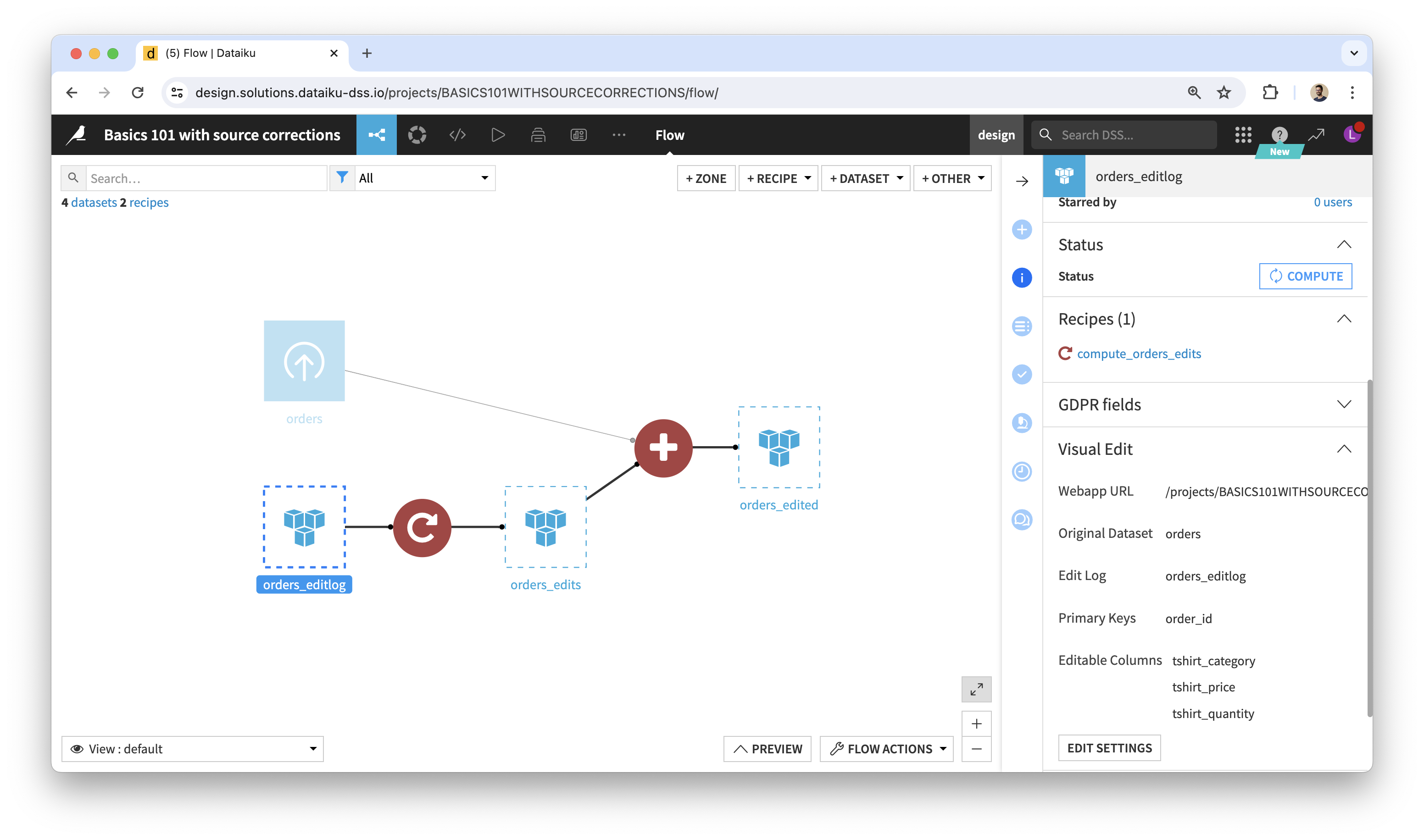 Dataiku Flow showing the tshirt orders dataset along with the 3 datasets created by the Visual Edit webapp, and plugin recipes that connect them.