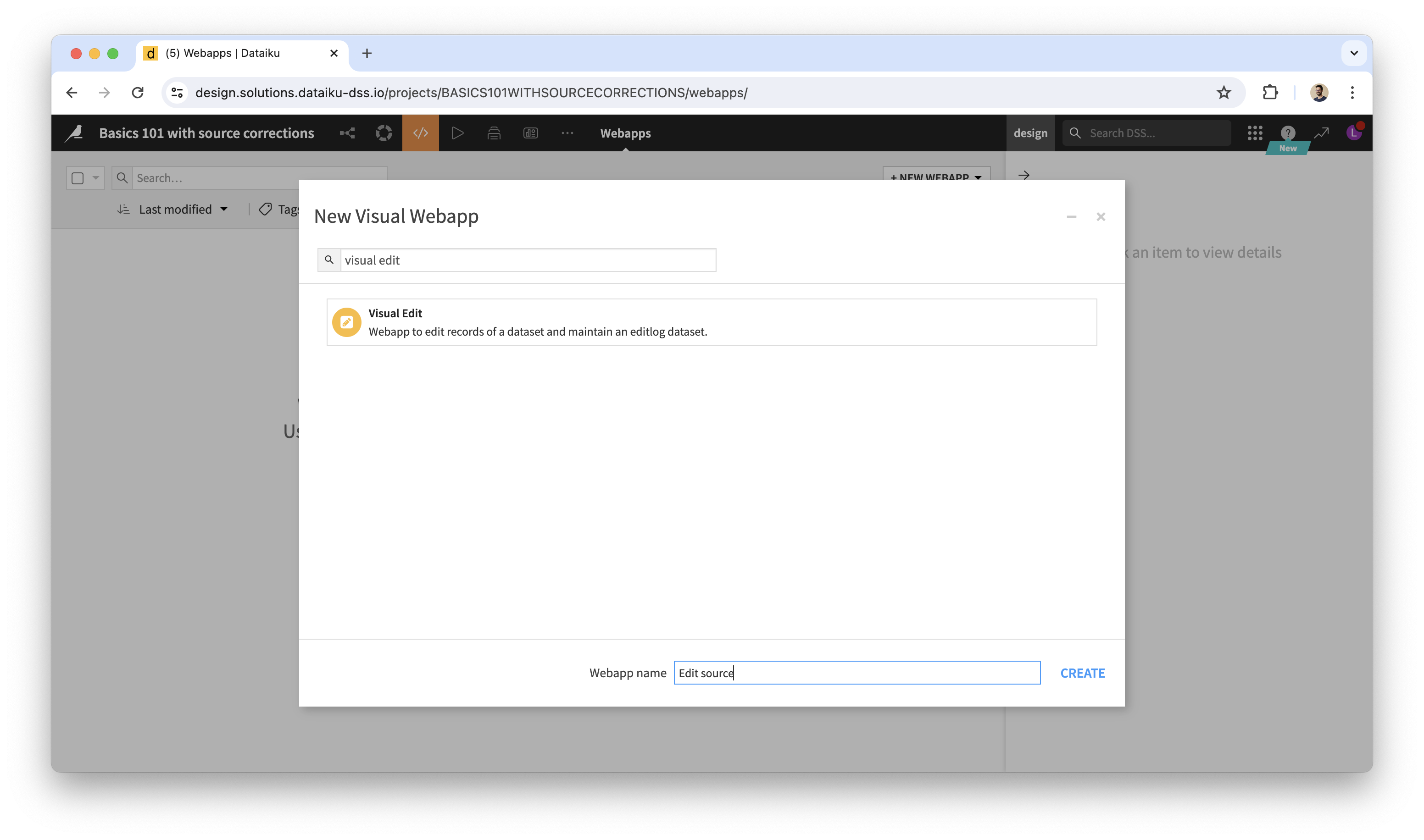 List of available Visual Webapp types in Dataiku, shown when creating a new Visual Webapp, filtered by “visual edit”.