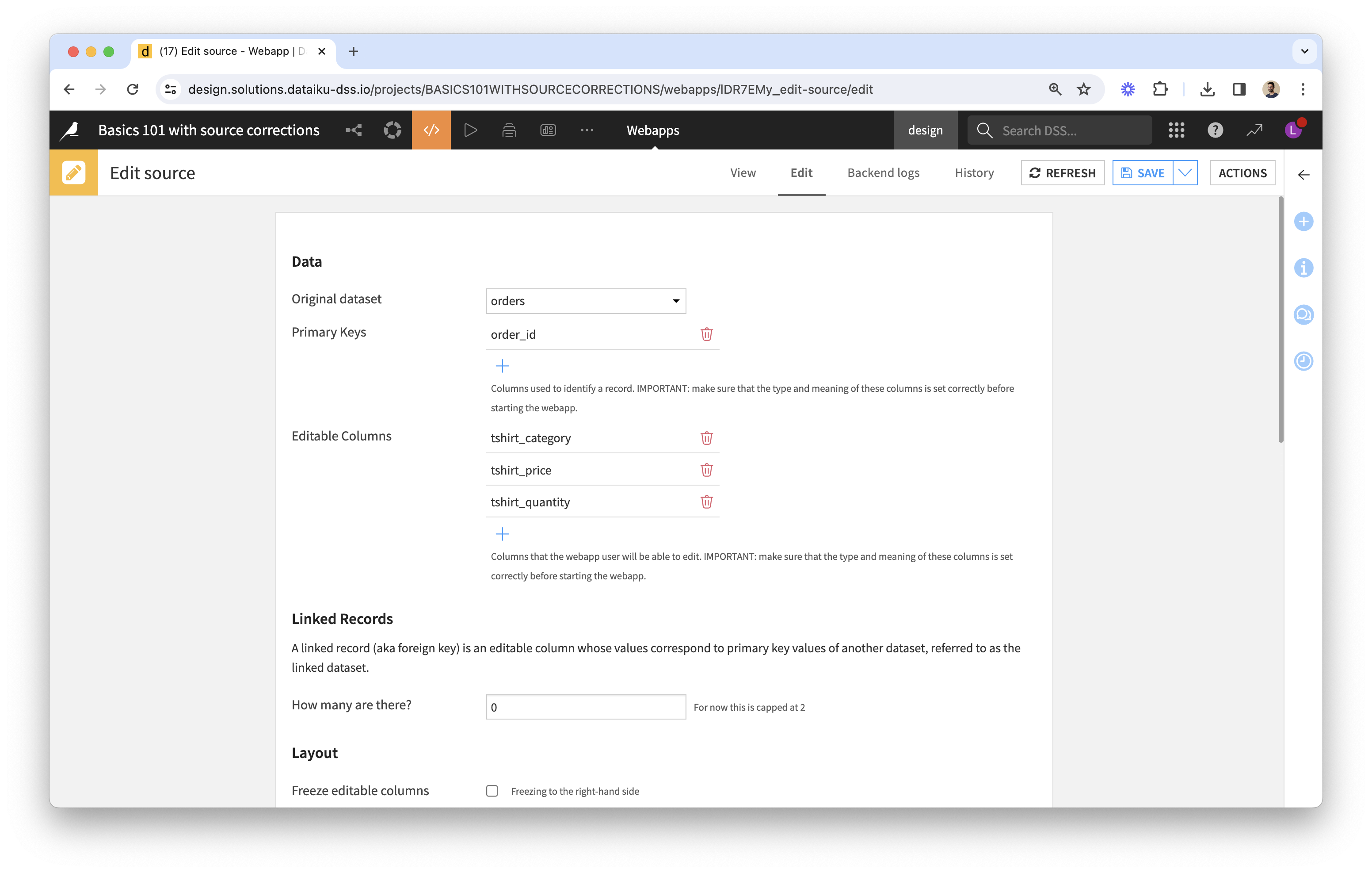 “Edit” tab of the Dataiku Visual Edit webapp, where parameters were set for the tshirt orders dataset.